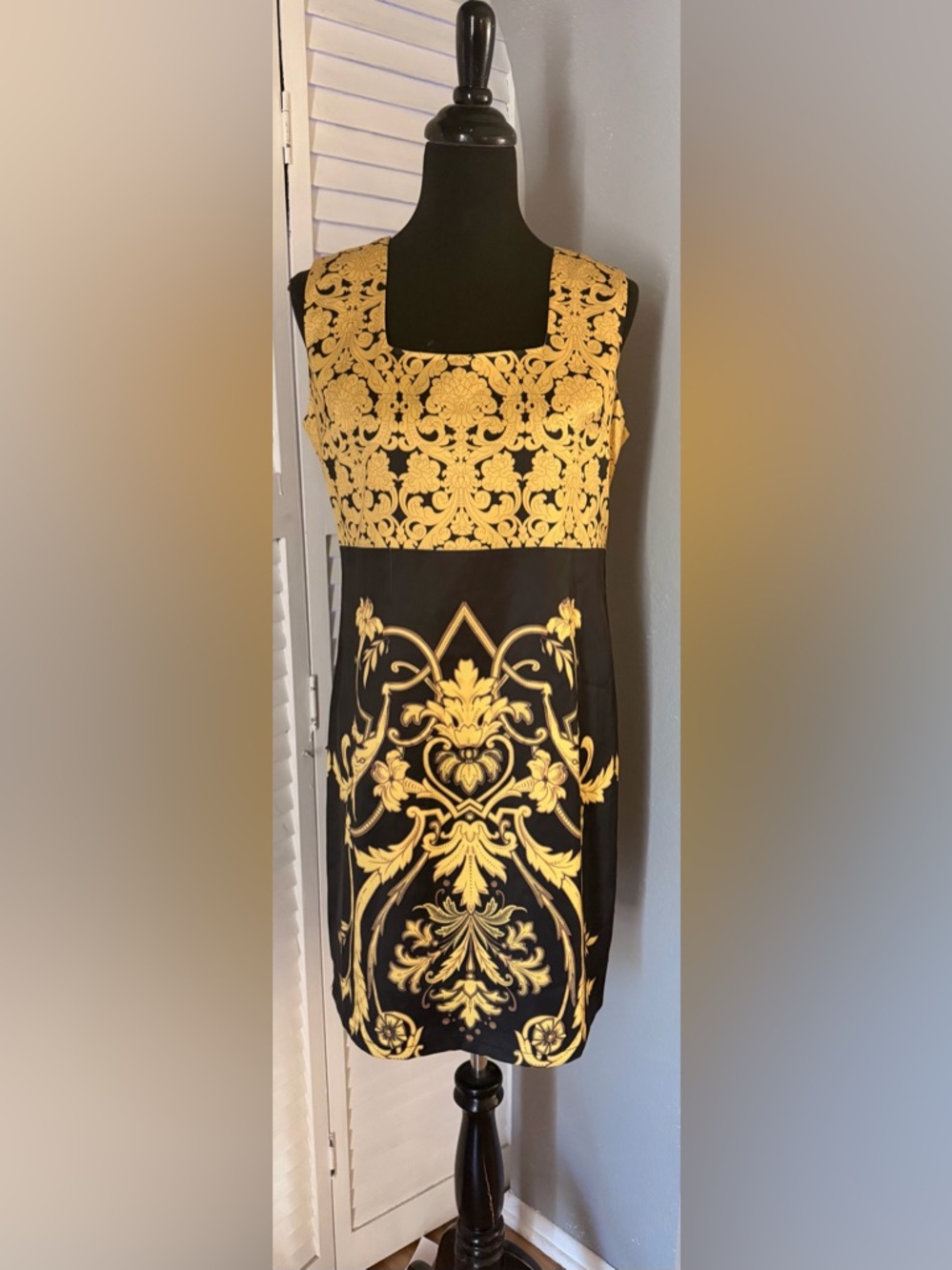 Hermes Black and Gold Baroque-Print Midi Dress